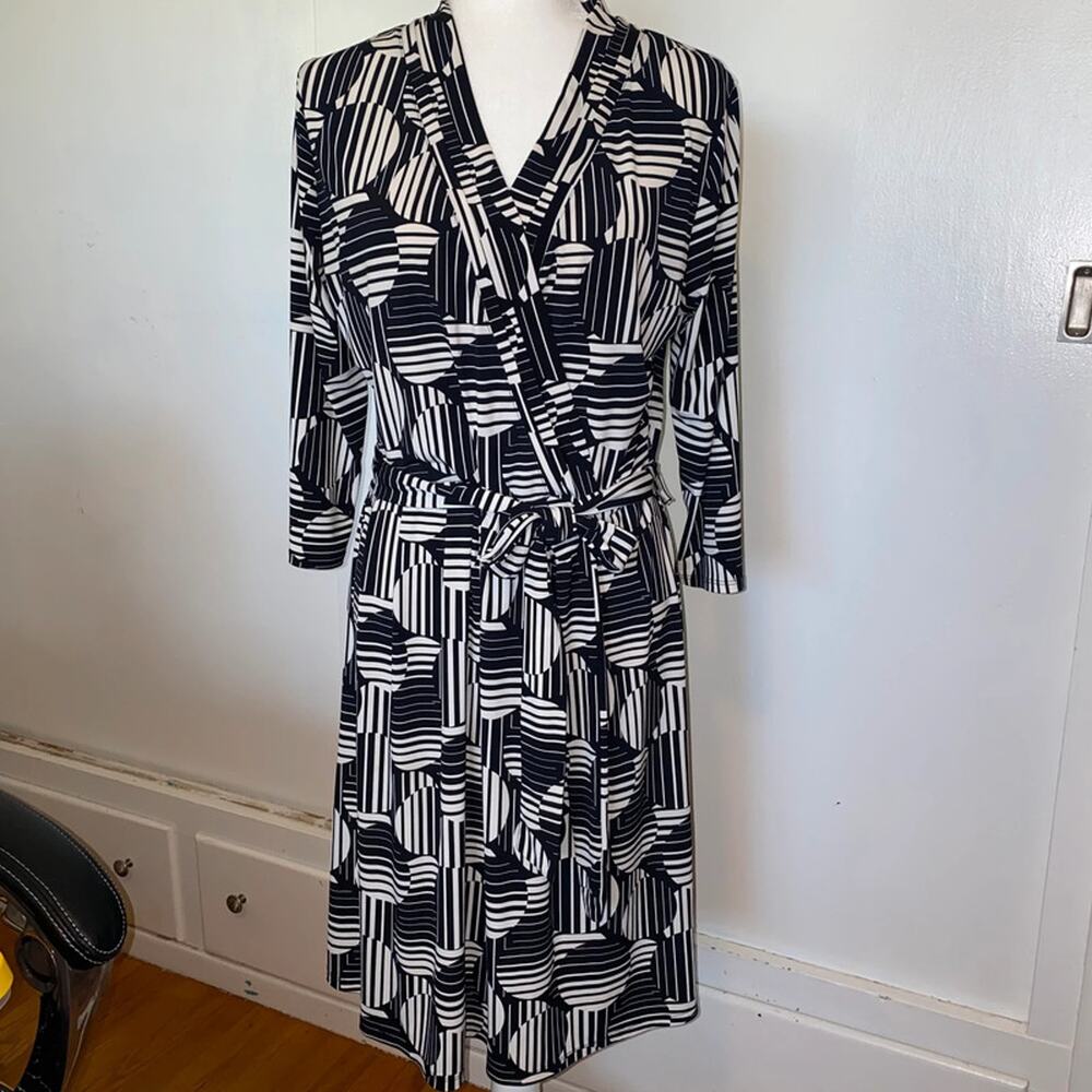 Liz Claiborne black and white geometric faux wrap dress size Large